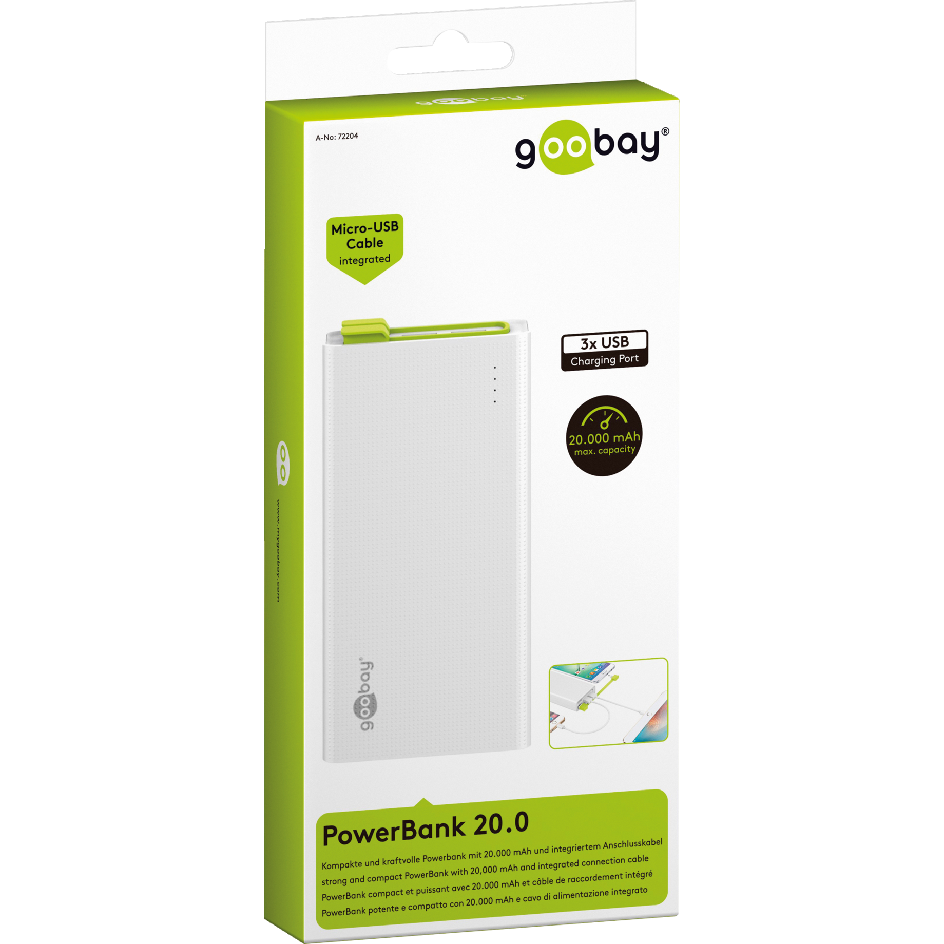 Powerbank, 20.0, USB, 3x USB, Integriertes Kabel