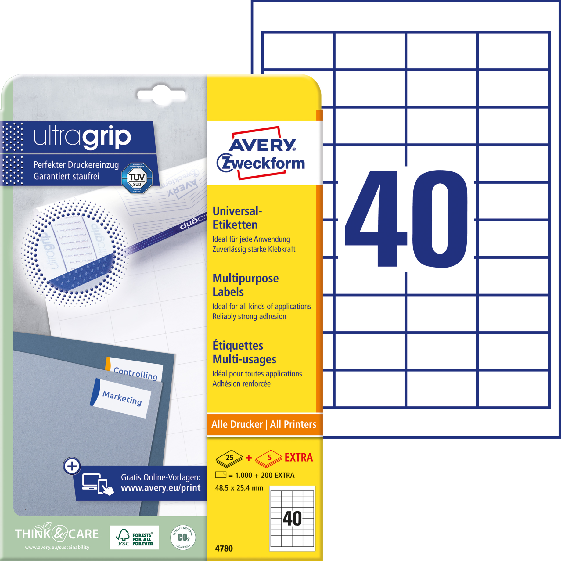 Universal-Etikett ultragrip, + 5 BL extra, 48,5 mm breit, umlauf. Rand