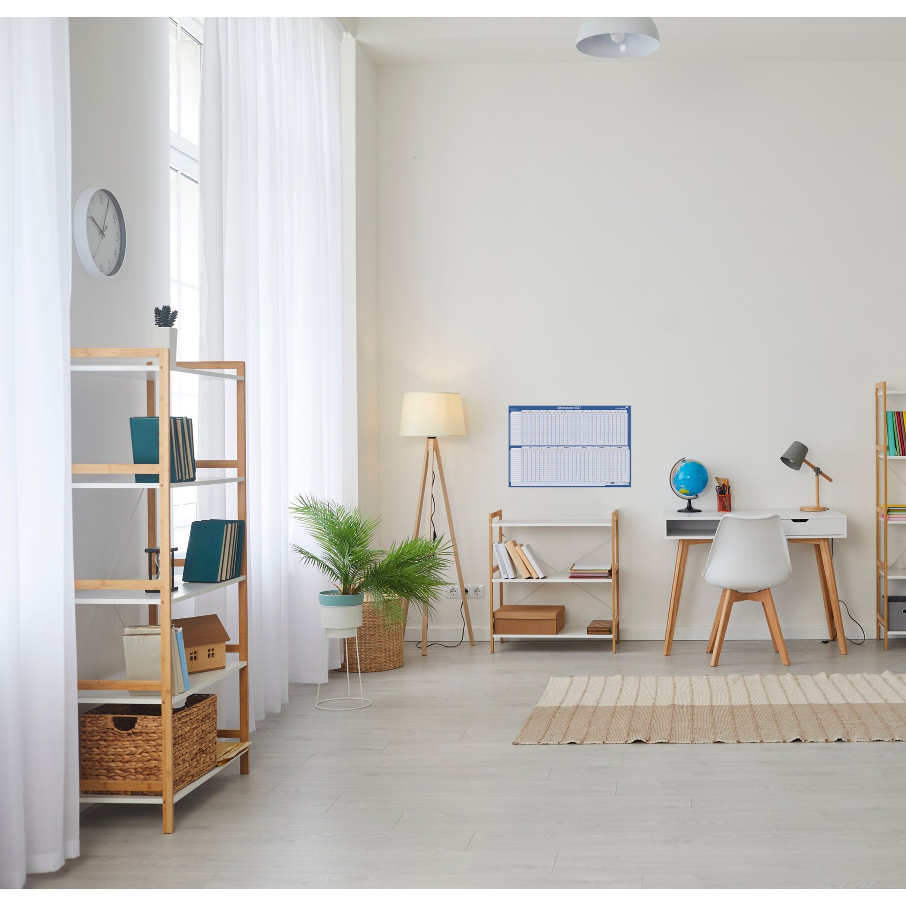 wohnzimmer, schreibtisch, regal, pflanze, lampe