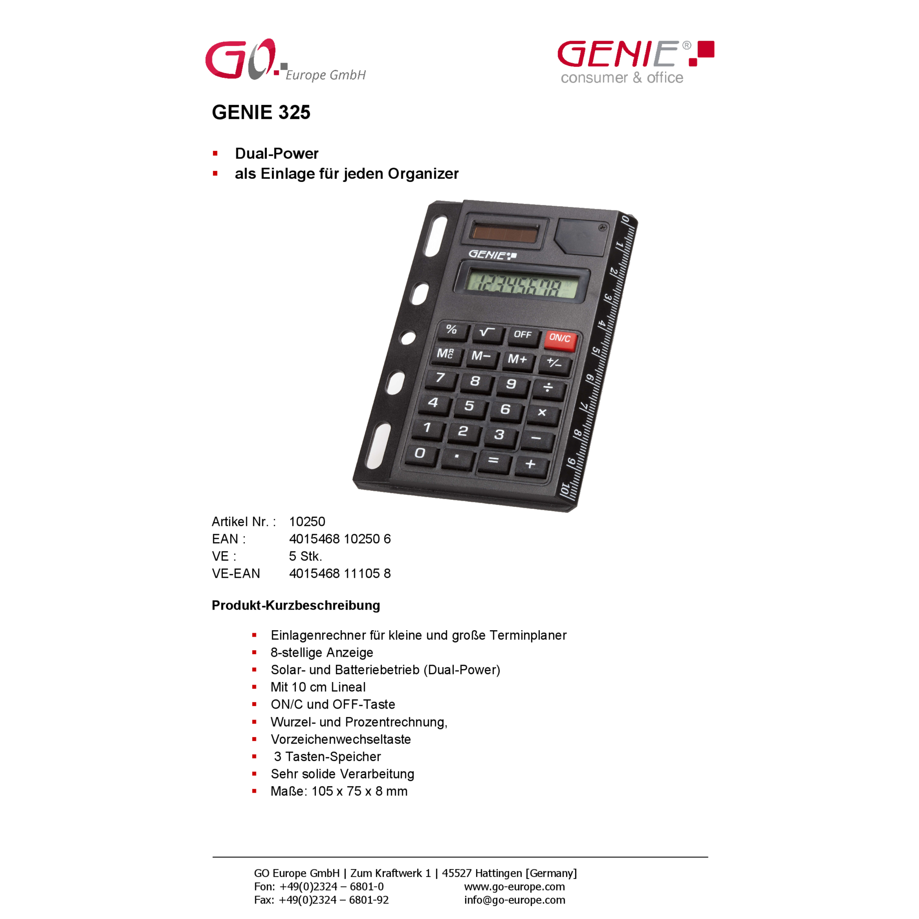 Taschenrechner GENIE 325 mit Ringbuchlochung