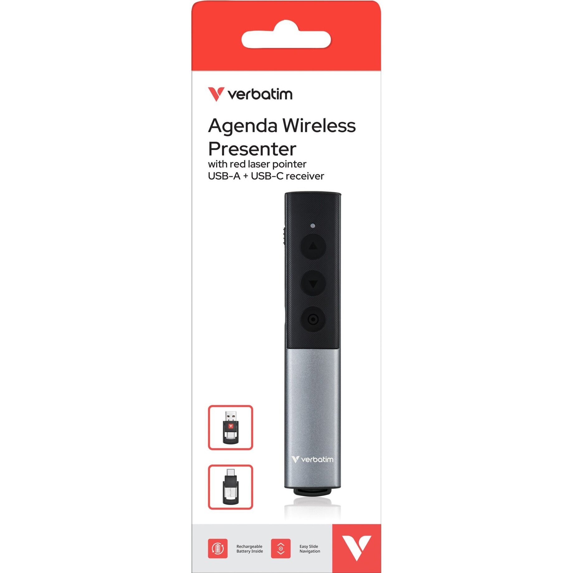 Agenda Präsentator, Drahtloser Presenter, Laserpointer, USB-A USB-C Empfänger, Schwarz Silber Design