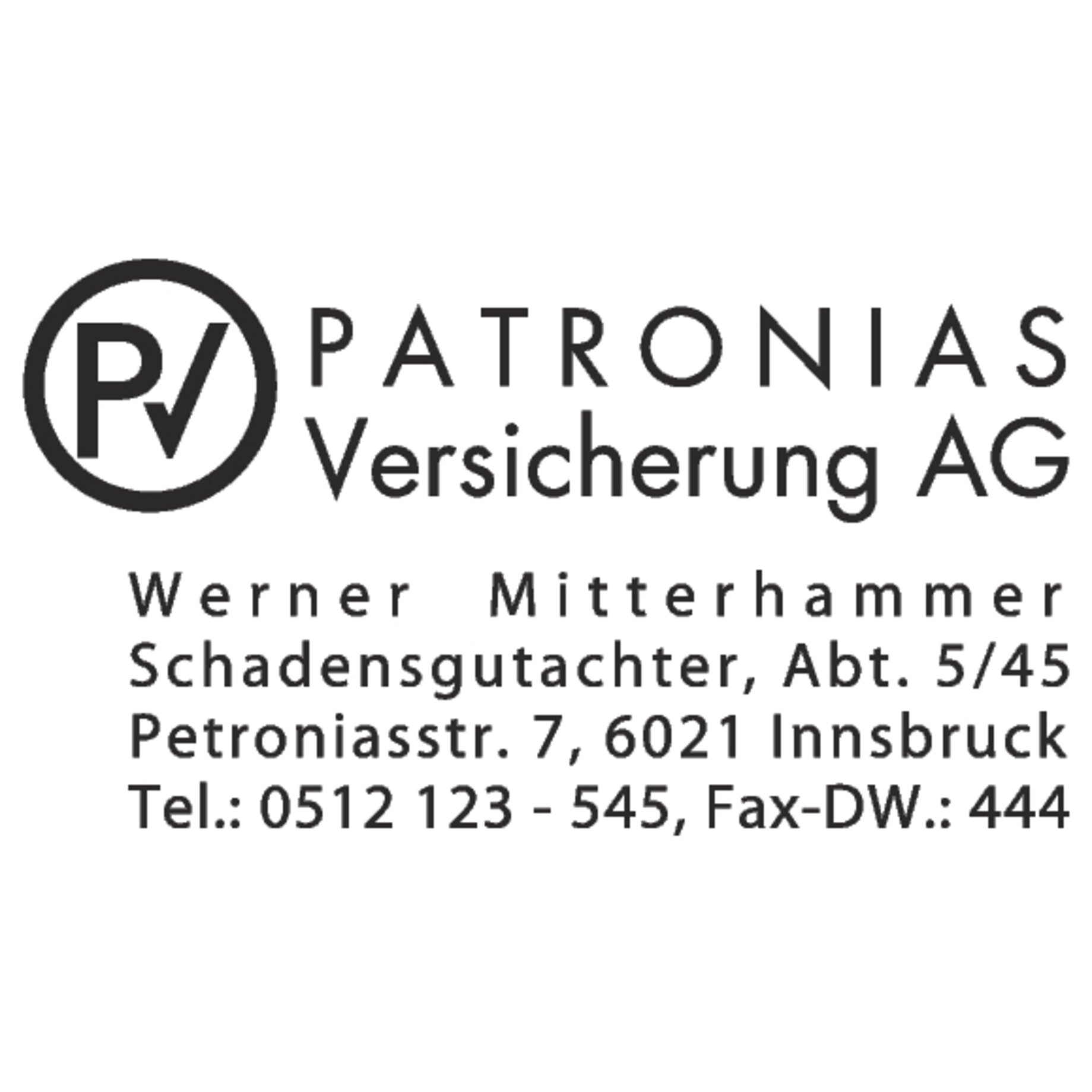 Logo, Patronias Versicherung, AG, Kontaktinformation, Textblock, logo, text, schwarz-weiß, kreis, symbol, Versicherung, Logo, Visitenkarte, Unternehmensbild, Beschriftung