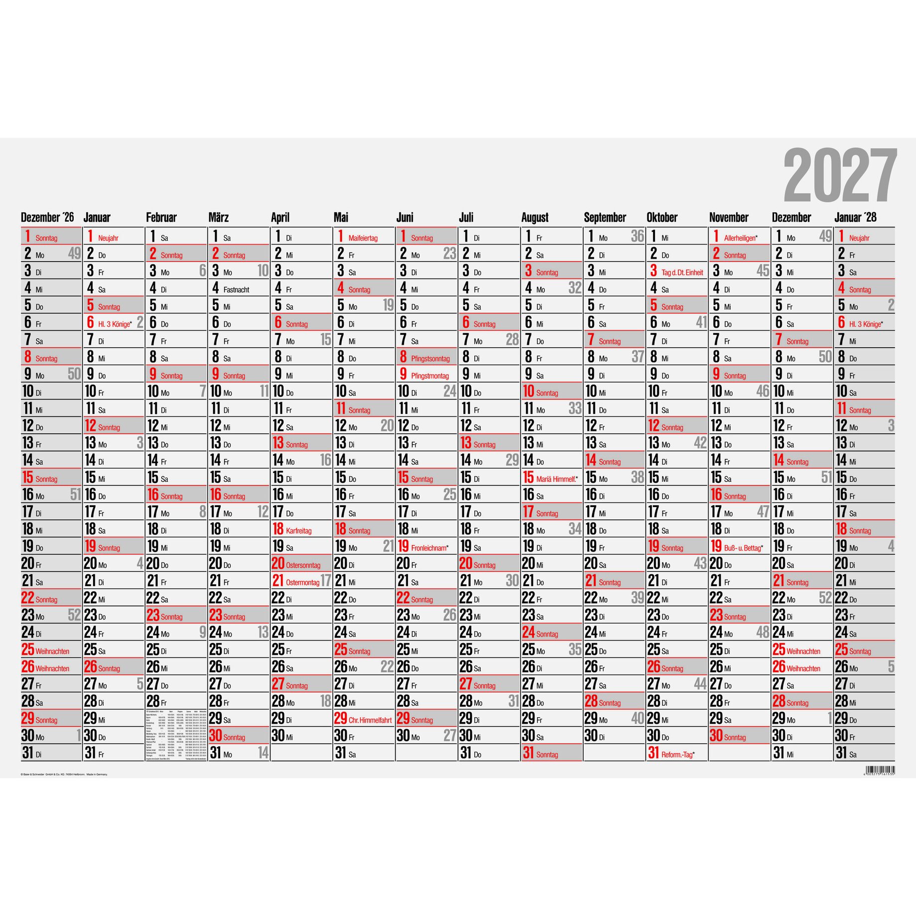 kalender, wandkalender, jahr 2027, monatliche grid, deutscher kalender