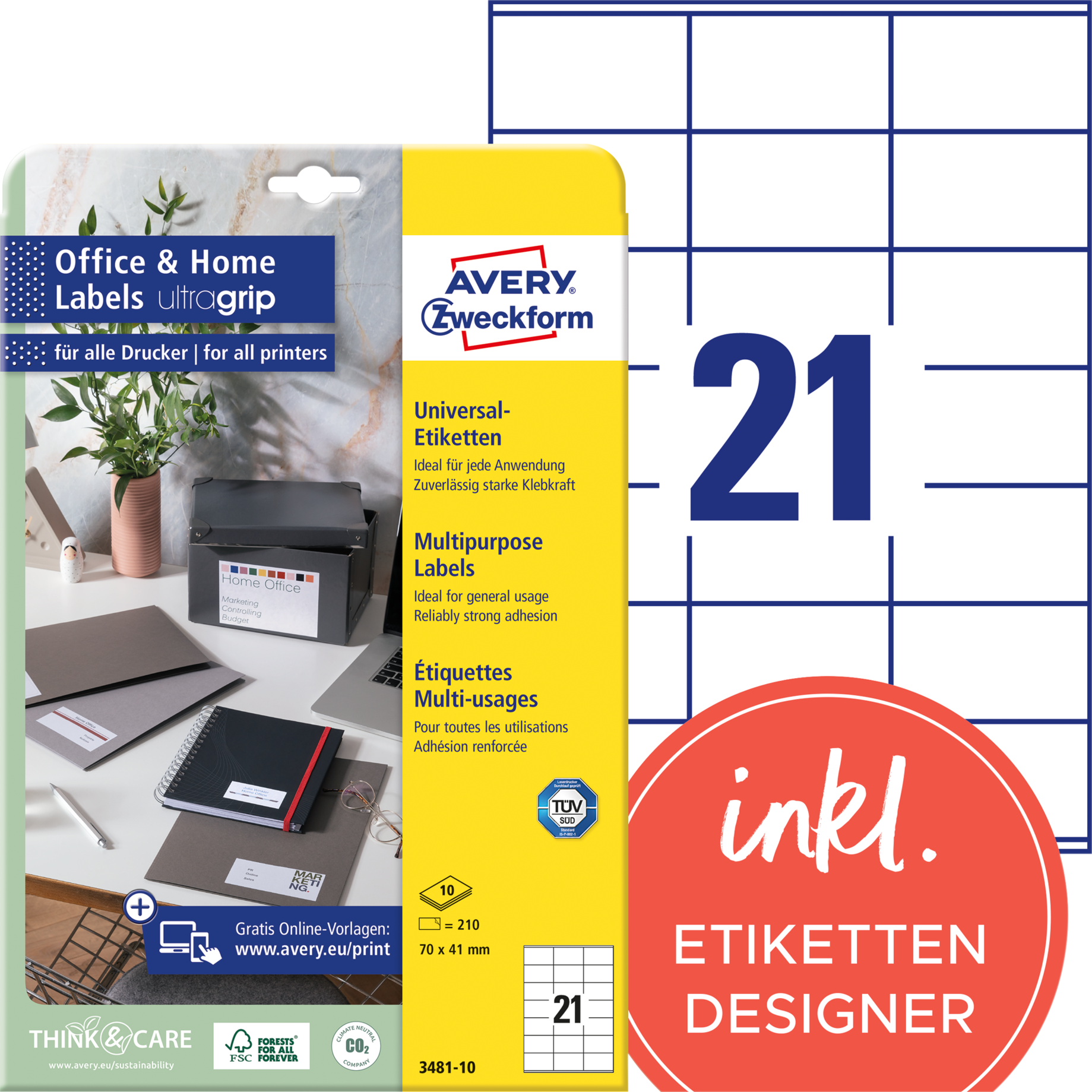 Universal Etikett Office & Home, ultragrip, 70 mm breit