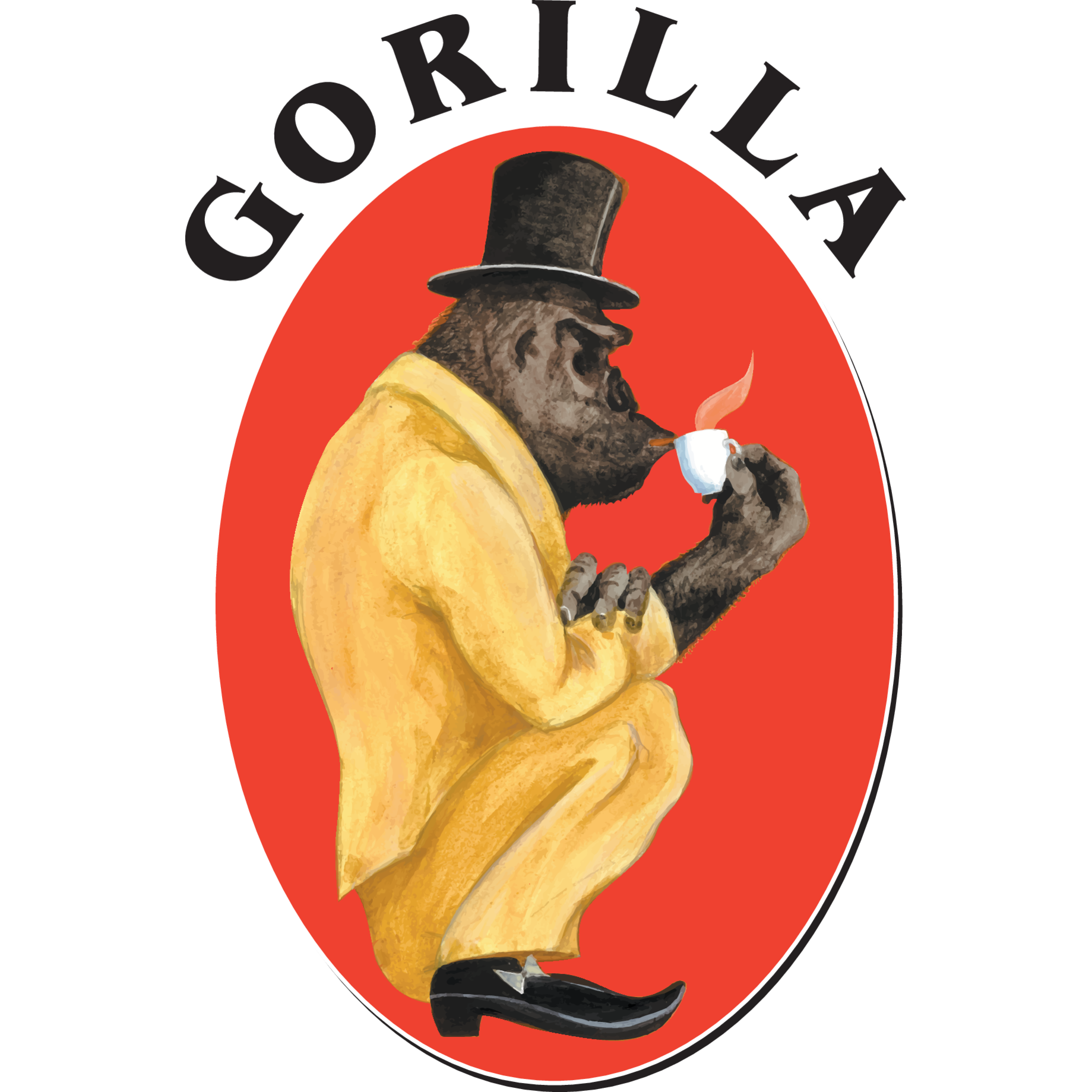 Photographie, Erwachsener, Männlich, Mann, Person, Gorilla, Topfhut, Gelber Anzug, Rauche, ovale Etikett, Gorilla, Topfhut, Gelbes Anzug, Trinken, Kaffeetasse