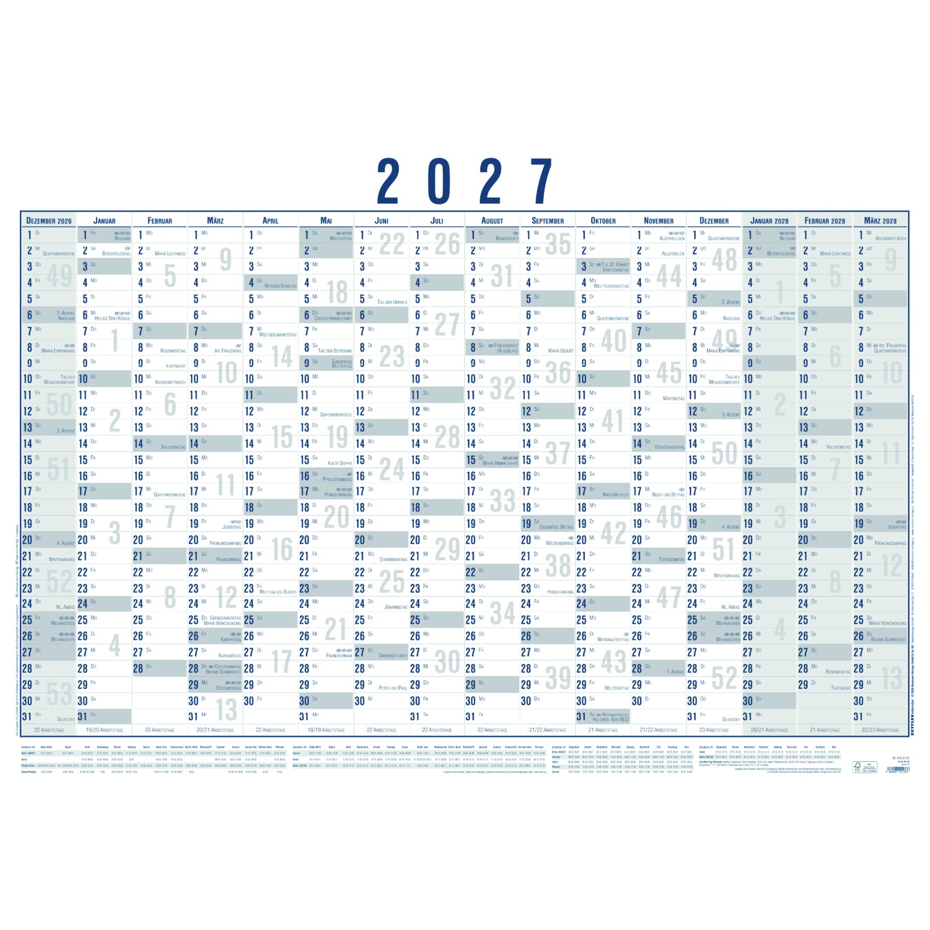 Monatlicher Kalender, Jahreskalender, 2027 Kalender, Tagesansicht, Monatsübersicht