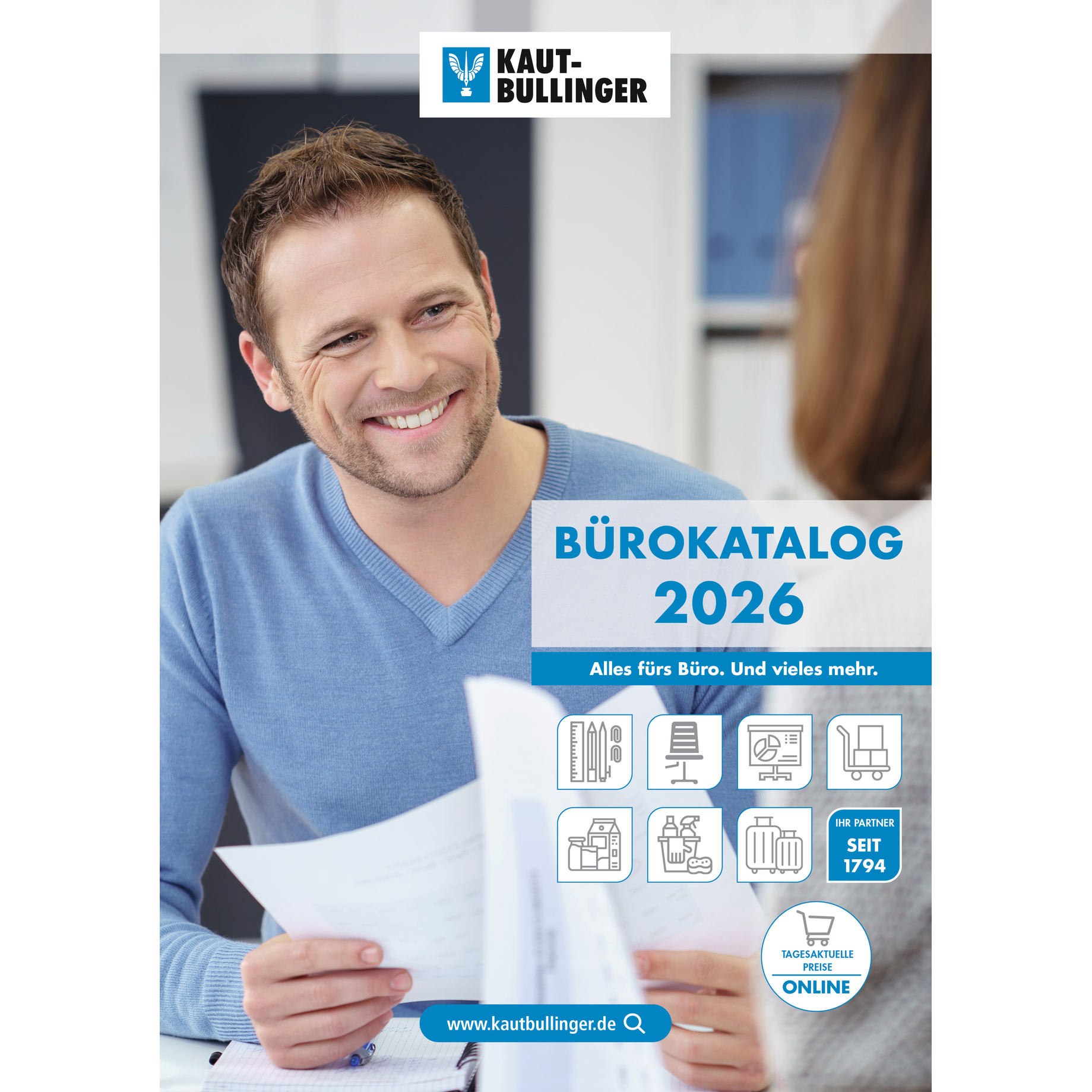 Bürokatalog, 2026, Bürobedarf, Person mit Unterlagen, Gespräch