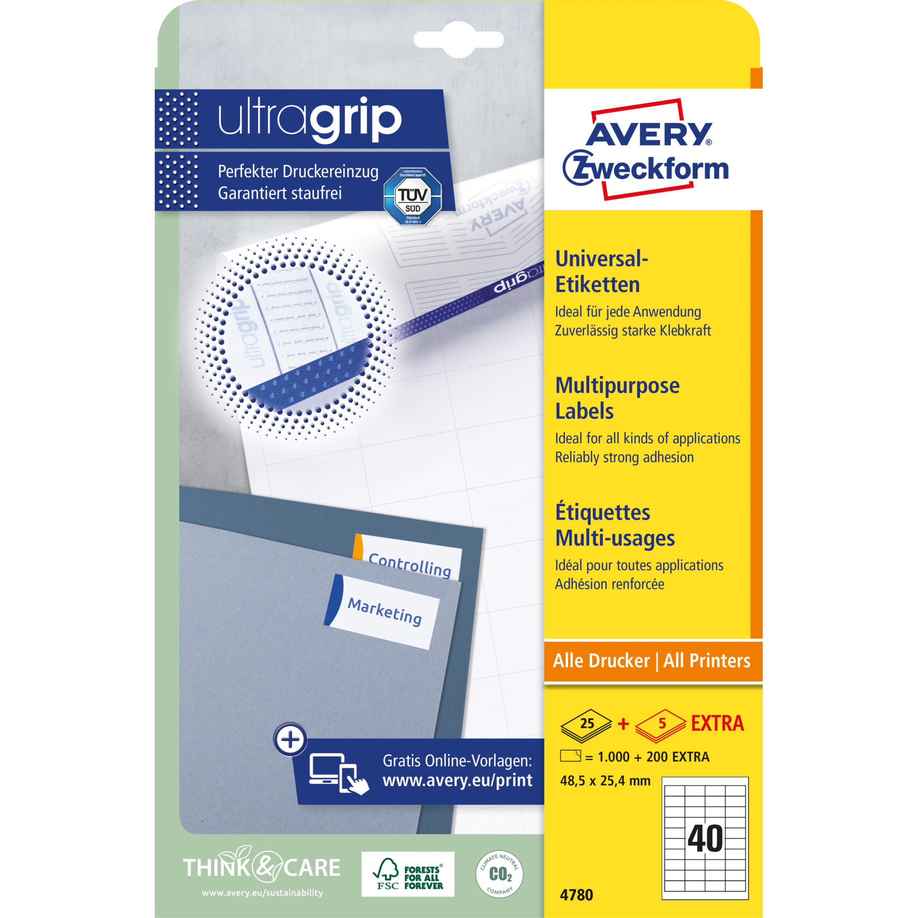 Universal-Etikett ultragrip, + 5 BL extra, 48,5 mm breit, umlauf. Rand