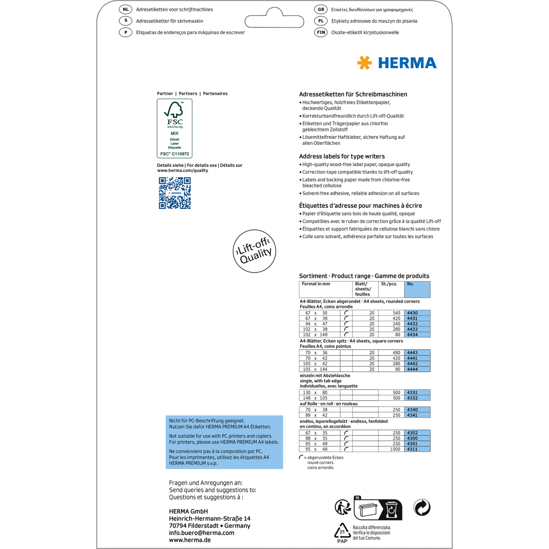 Adressetikett für Schreibmaschinen, mit Perforation
