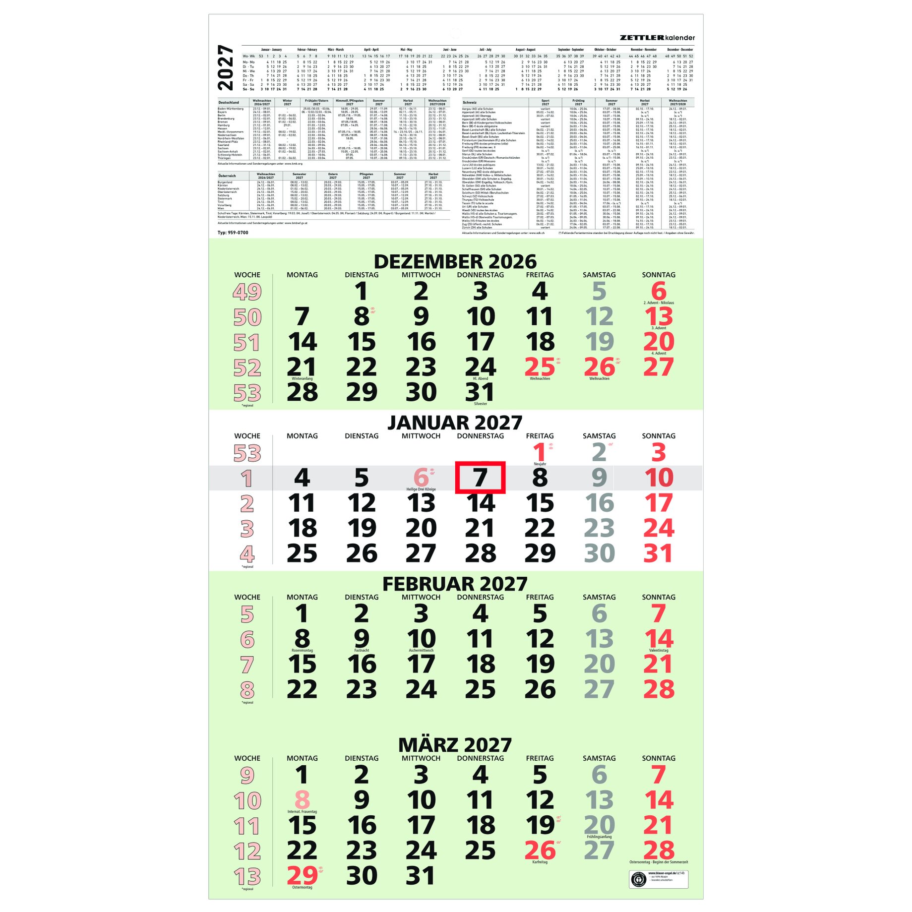 Kalender, Jahreskalender, Monatskalender, Dezember 2026, Januar 2027