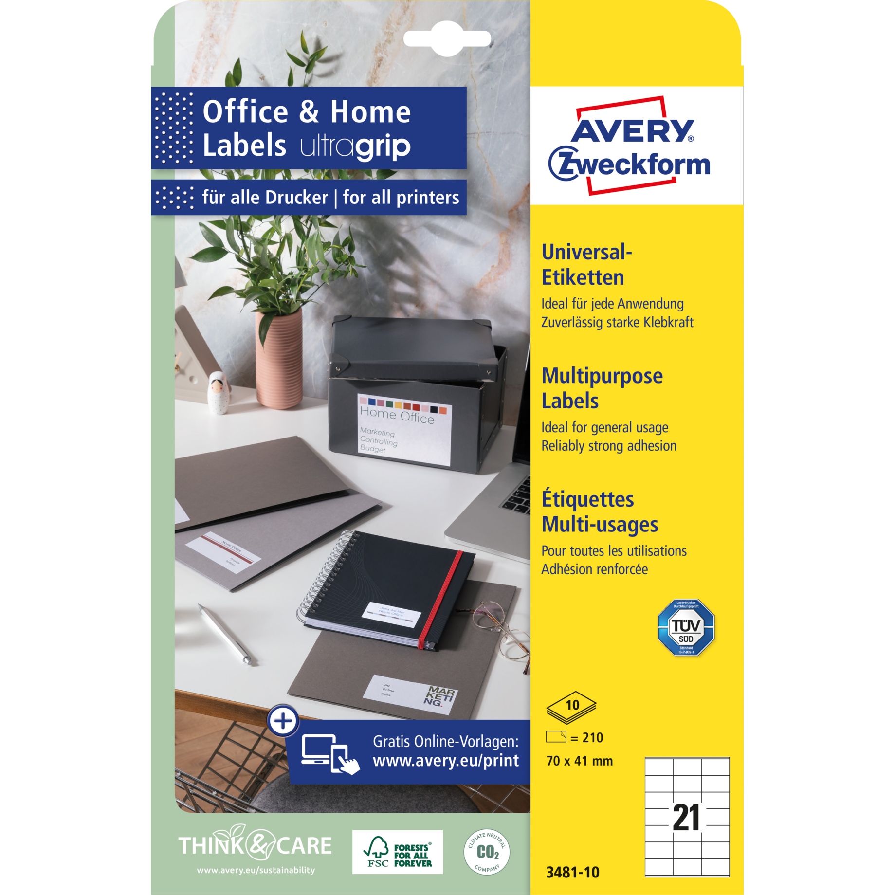Universal Etikett Office & Home, ultragrip, 70 mm breit