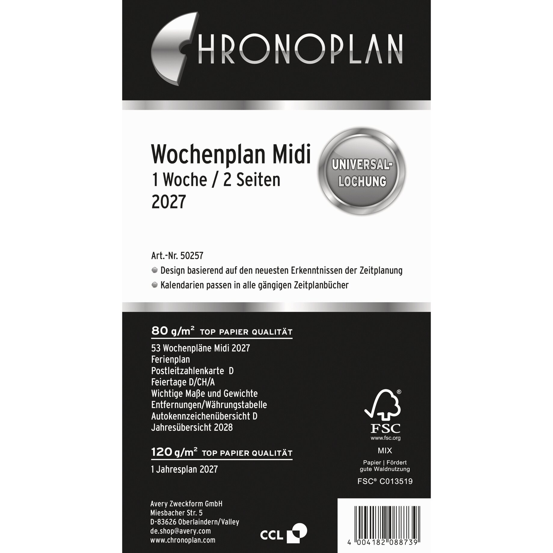 Wochenplan Midi, Kalender, Papierspezifikation, 80 g/m², FSC
