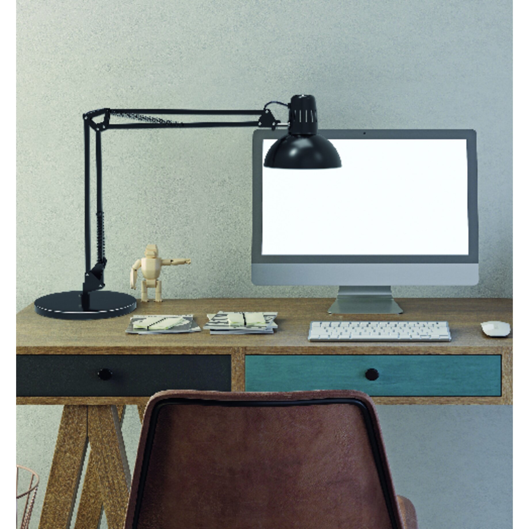 Schreibtisch, Arbeitsplatz, Computer, Lampe, USB-Maus