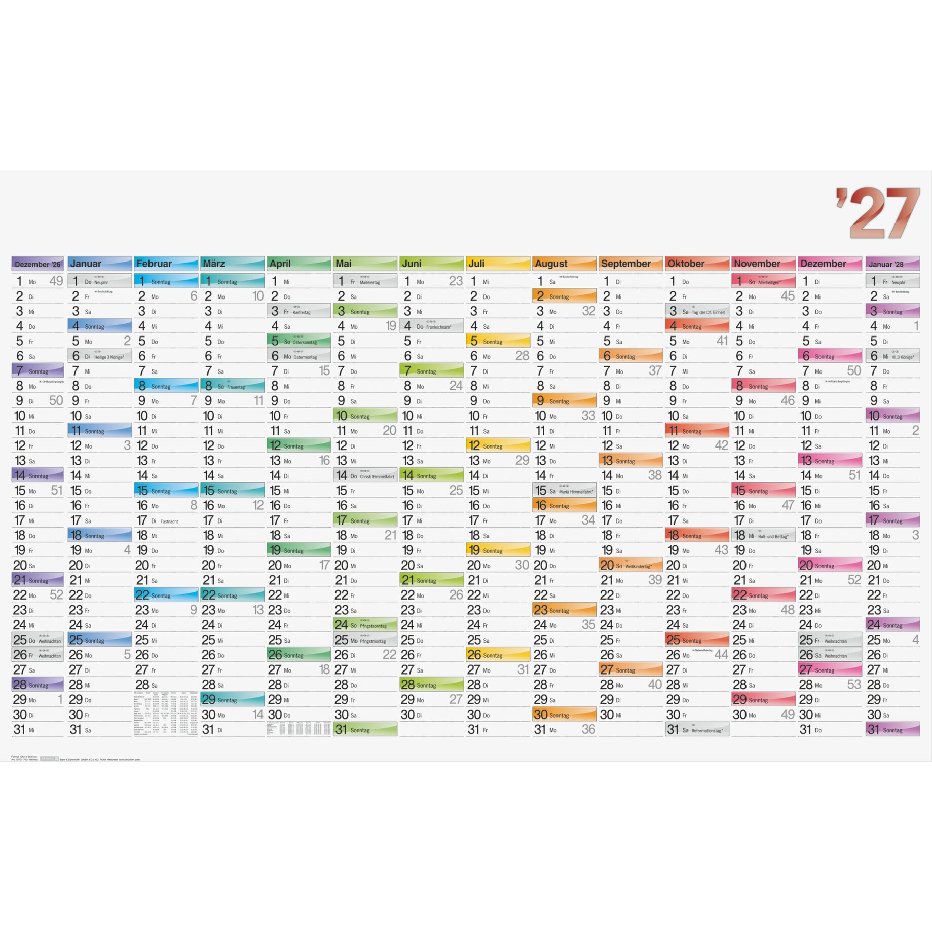 Kalender, Jahreskalender, Monatsübersicht, Mehrfacher Kalender, Farbkodierung