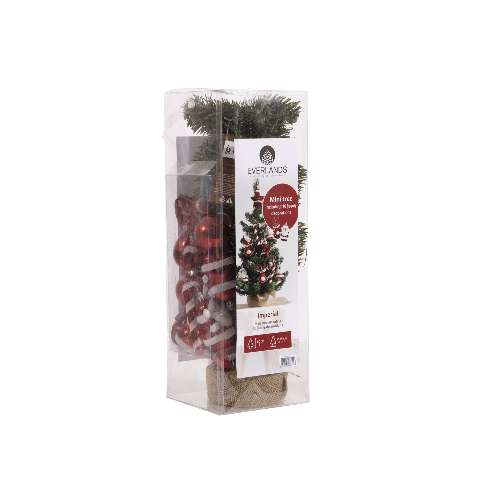 Mini tree, Dekorationen, Rote Kugeln, Grünes Laub, Juteboden