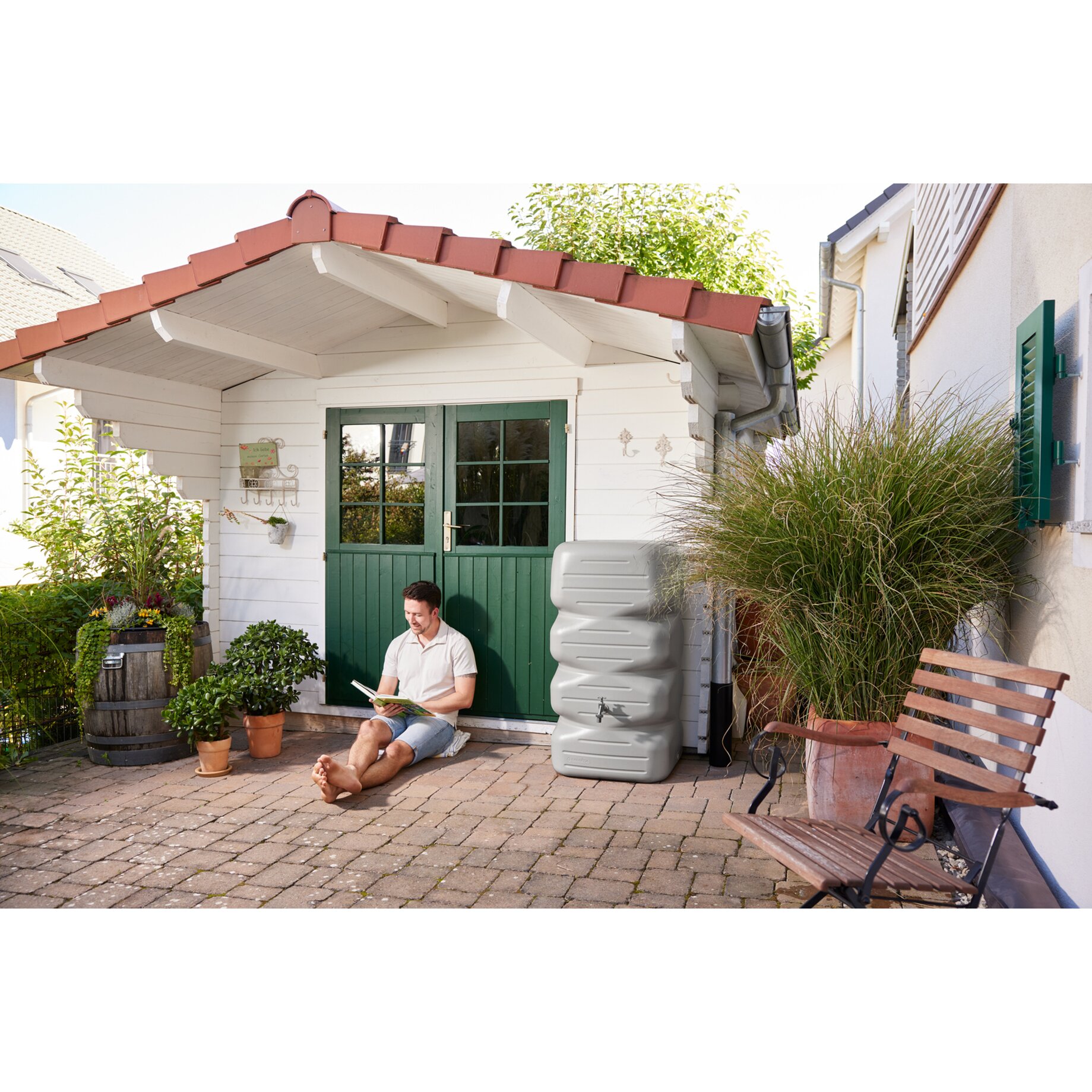 Gartenhaus, Pflanzen, Sitzgelegenheit, Wasserspeicher, Garten