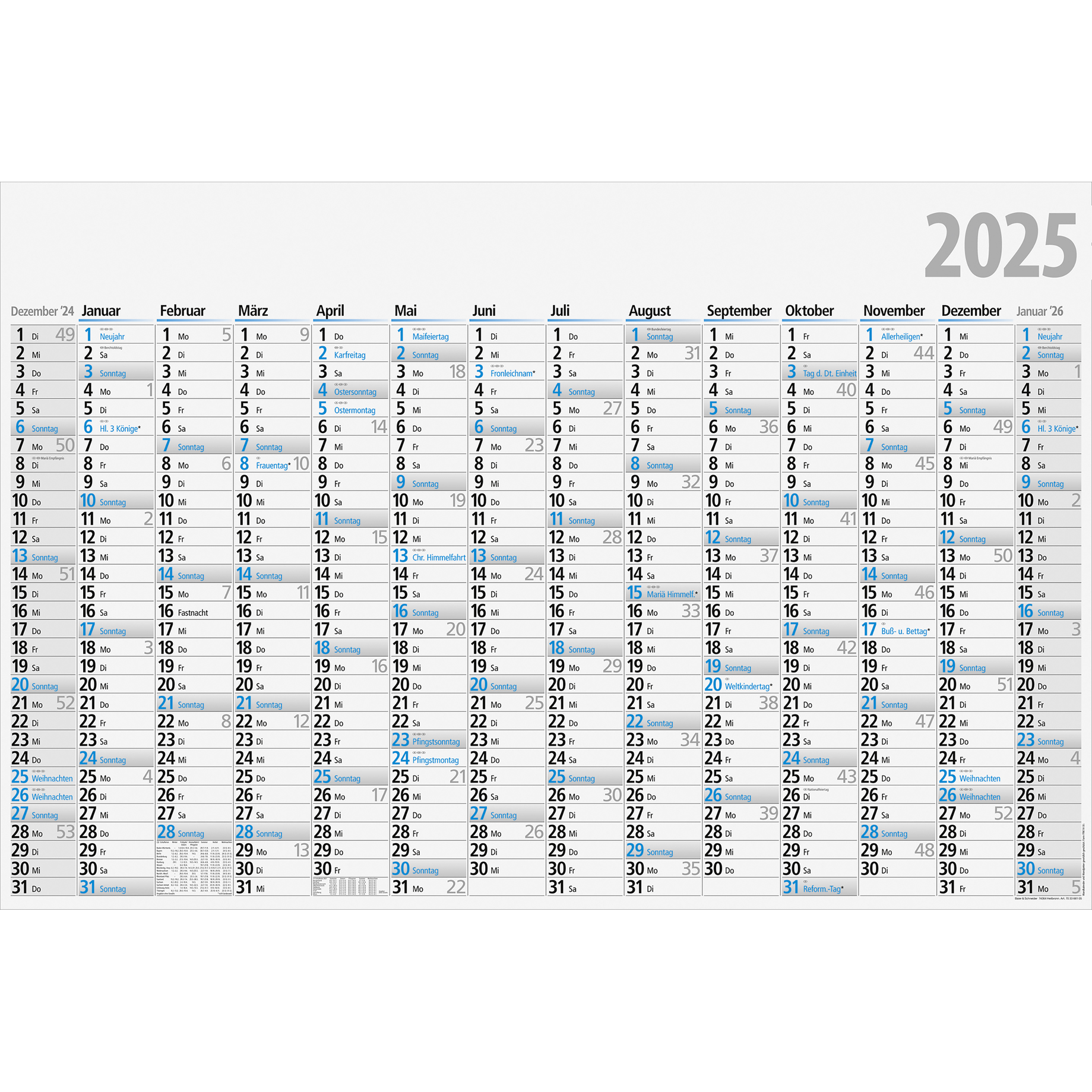 Jahreskalender gefalzt auf 22 x 34 cm