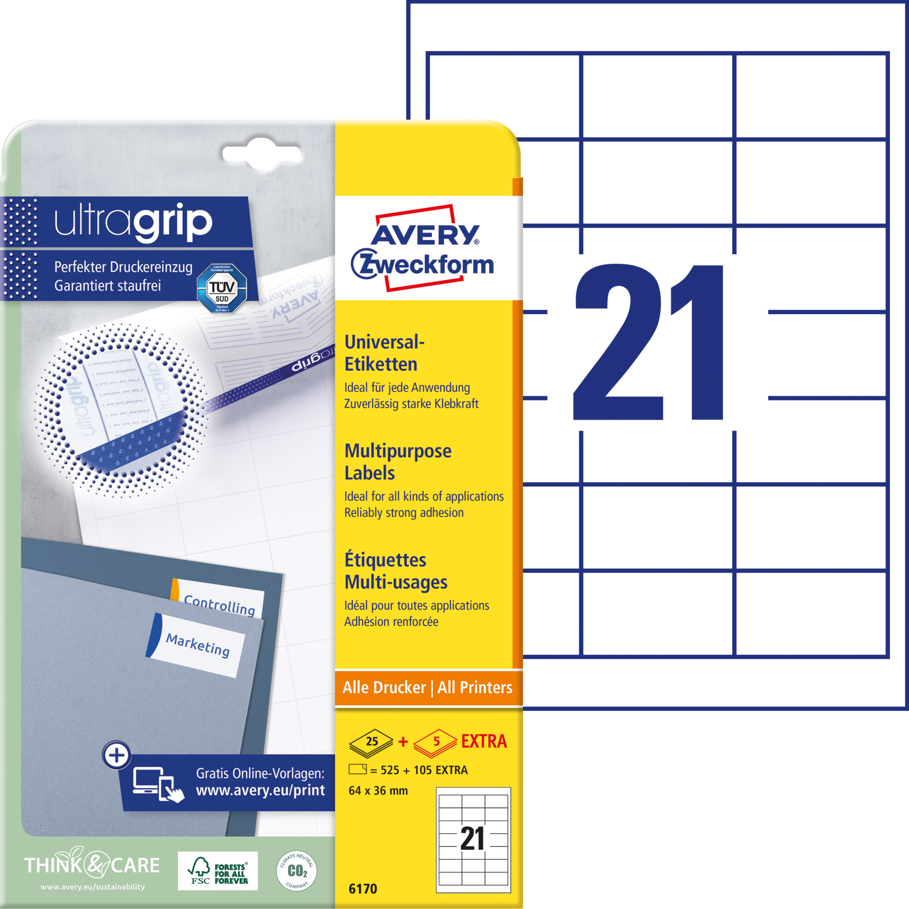 Universal-Etikett ultragrip, + 5 BL extra, 64 mm breit, umlauf. Rand