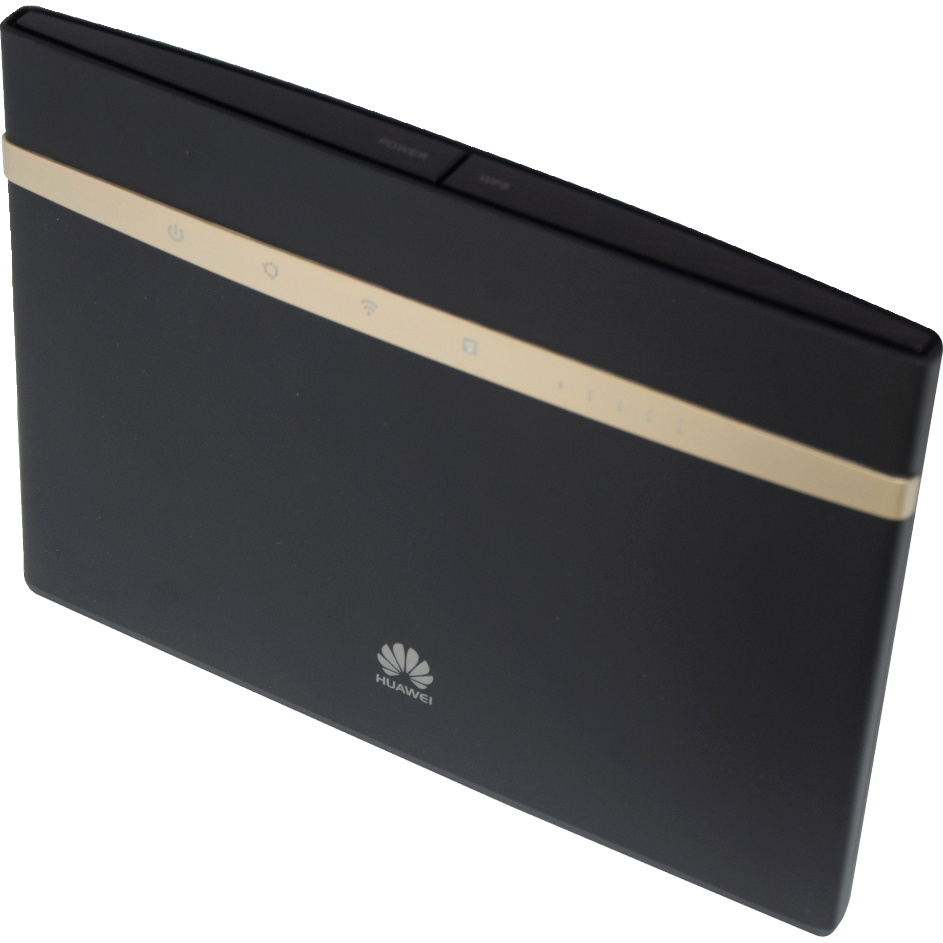 Router, WLAN, schwarzes Gerät, goldener Streifen, Huawei-Logo, WLAN-Router, Huawei, Schwarz, Goldene Strippe, LED-Leiste