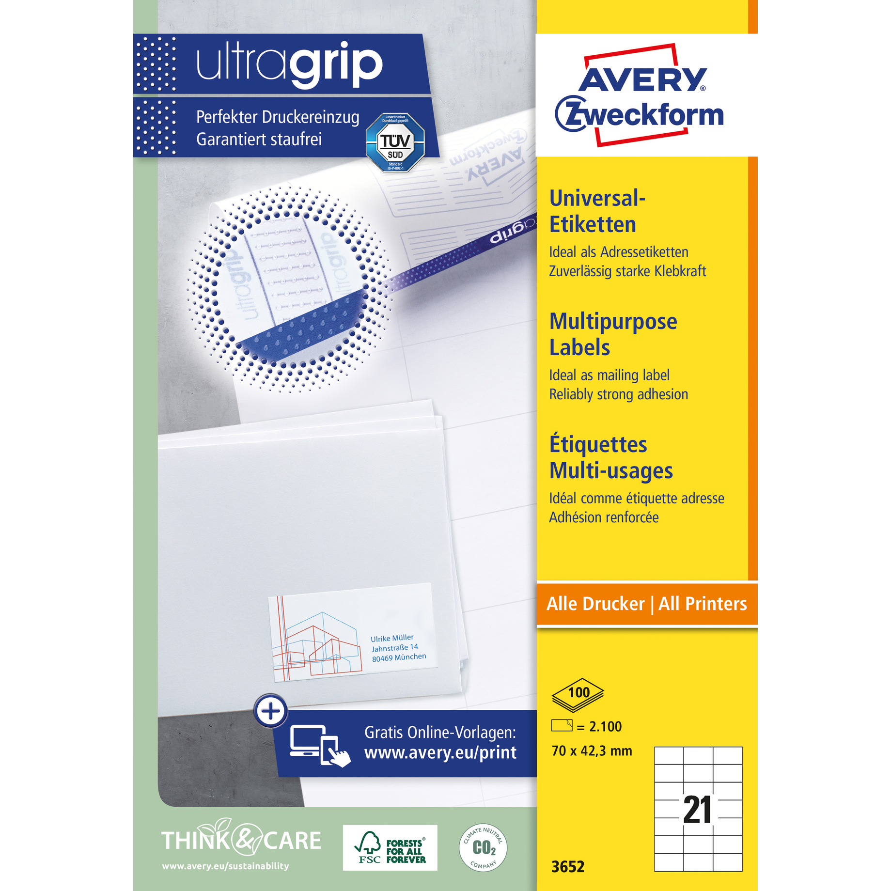 Universal-Etikett, ultragrip, 70 mm breit
