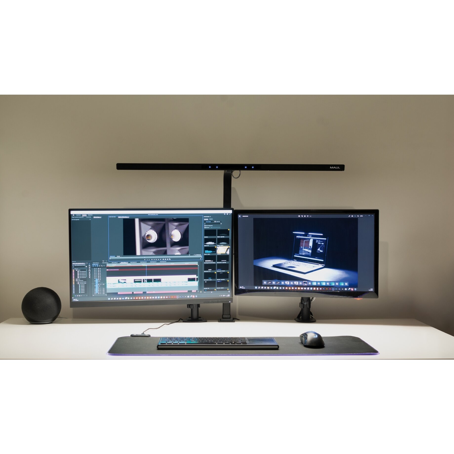computer desk, dual monitor, LED light bar, desk setup, computer peripherals, monitor, dual-monitor, desk setup, office, gaming?
