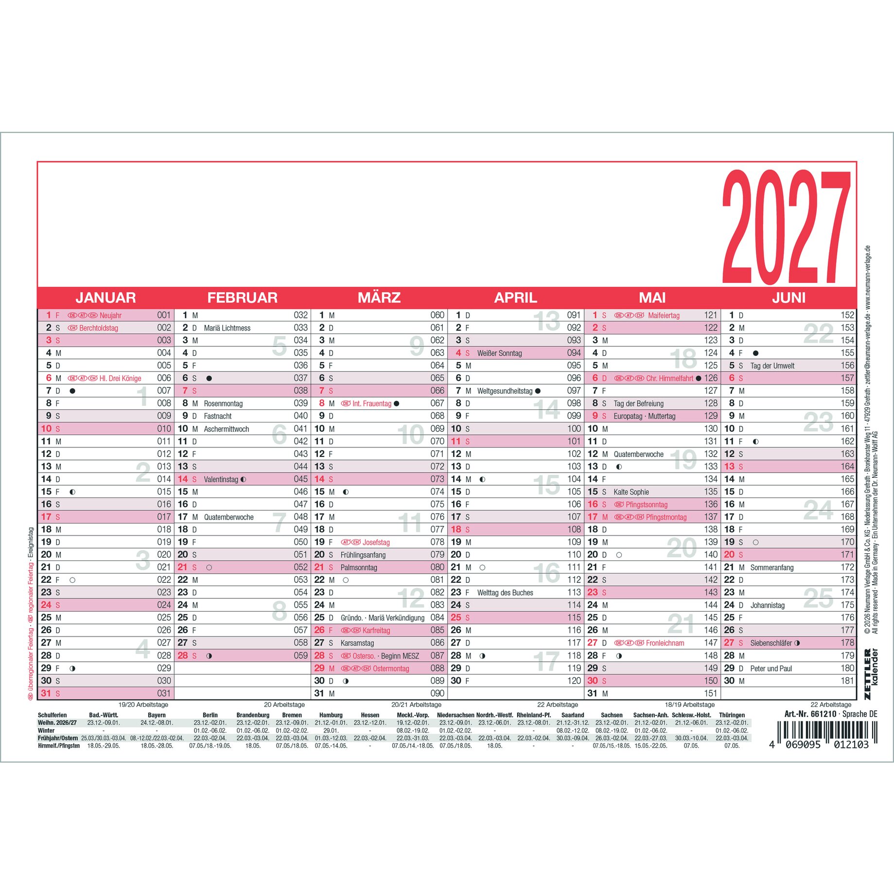 kalender, Jahreskalender, Monatskalender, 2027, Wandkalender