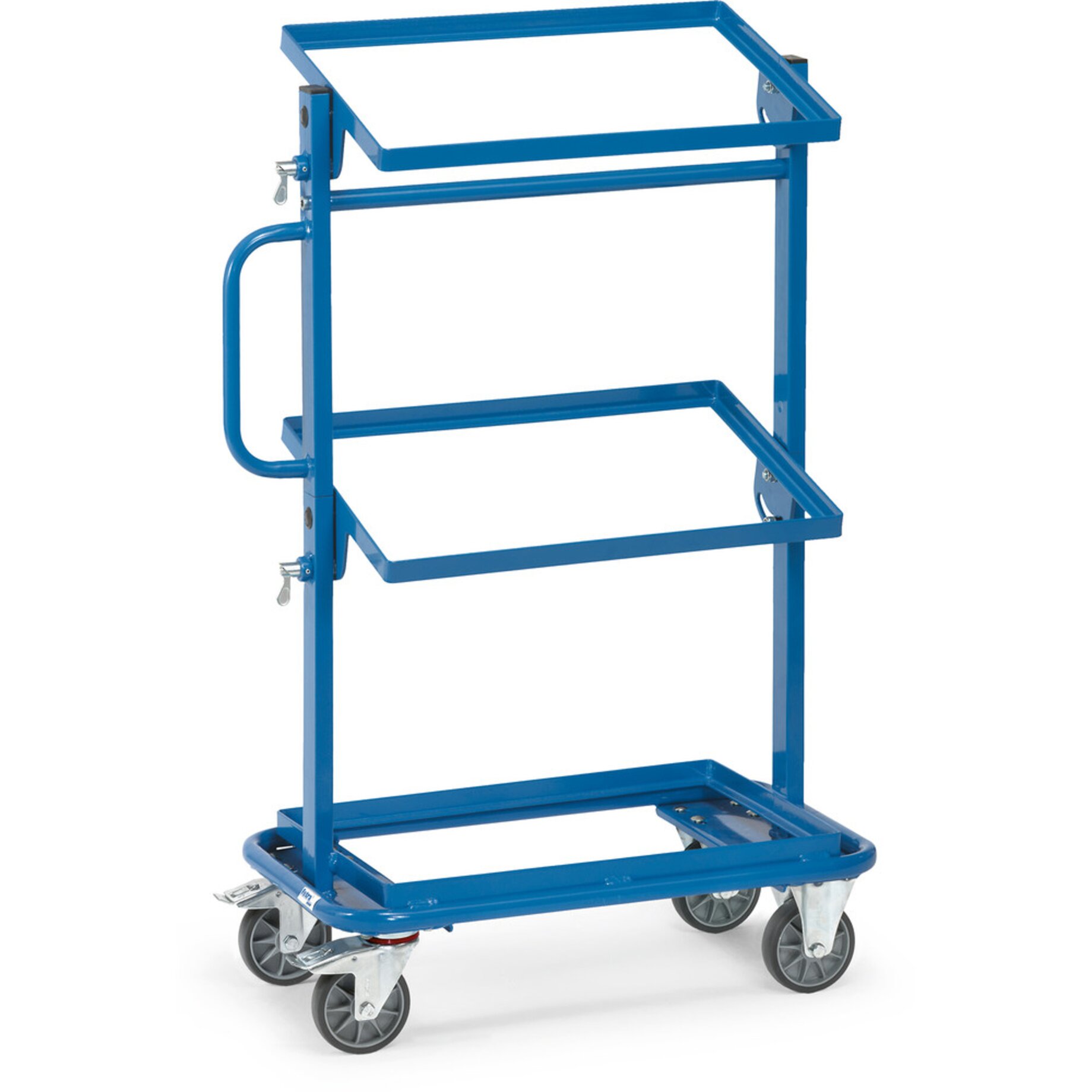 Rollwagen, Stahlrahmen, vier Räder, Tragarm, Blau, Rolliwagen, Stehregal, Stahlrahmen, Bodenrollen, blaue Farbe