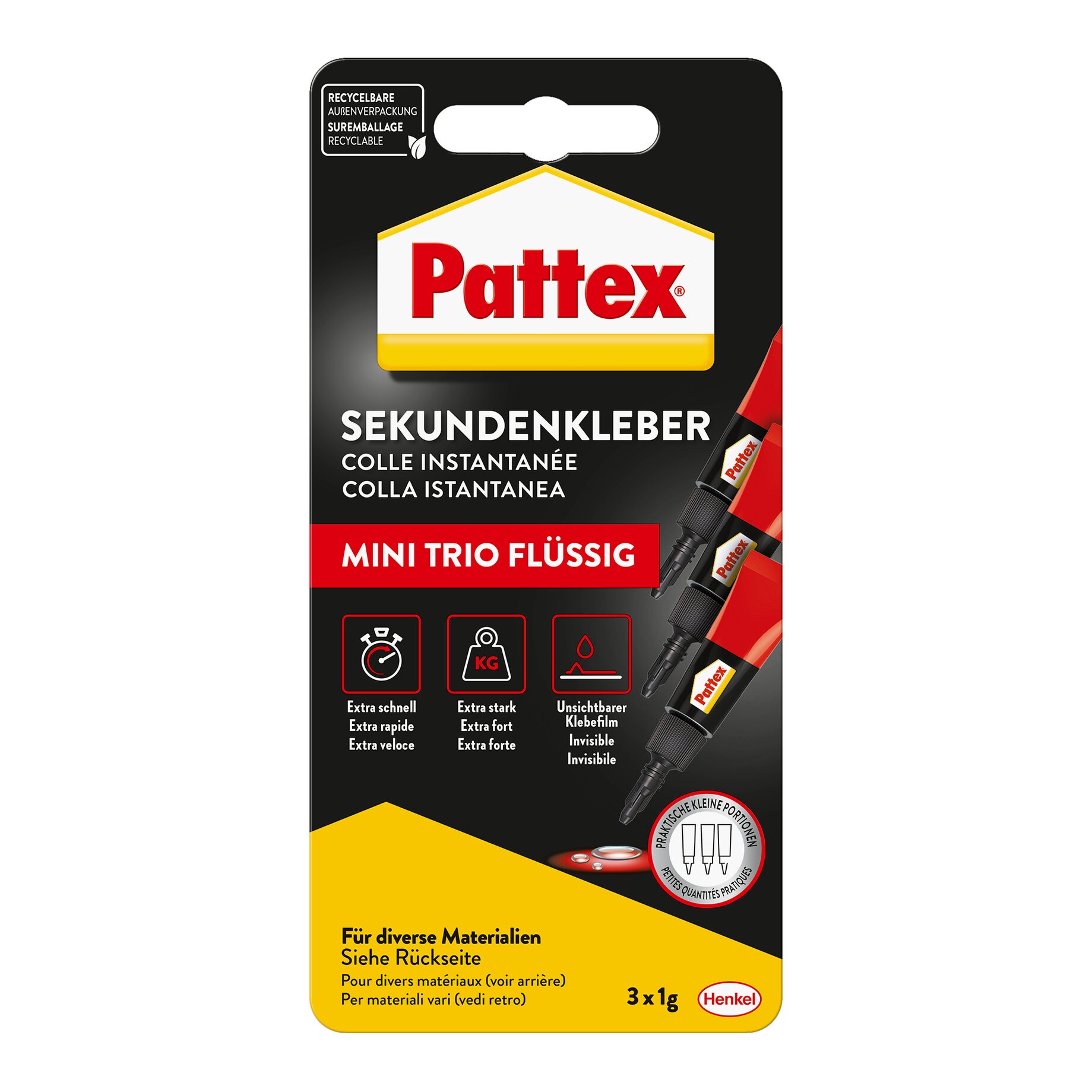 Klebeband, Klebstoff, Sekundenkleber, Flüssig, Mini Trio 3x1g