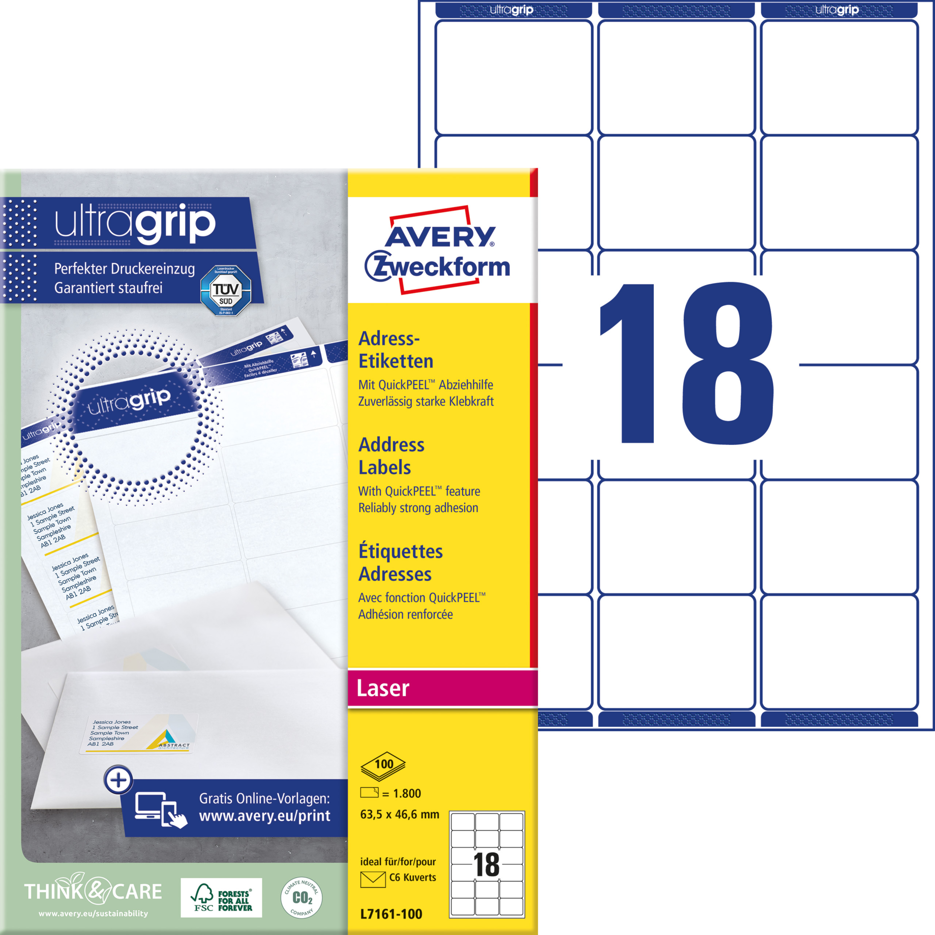 Adress-Etikett für Laserdrucker, ultragrip, umlaufender Rand