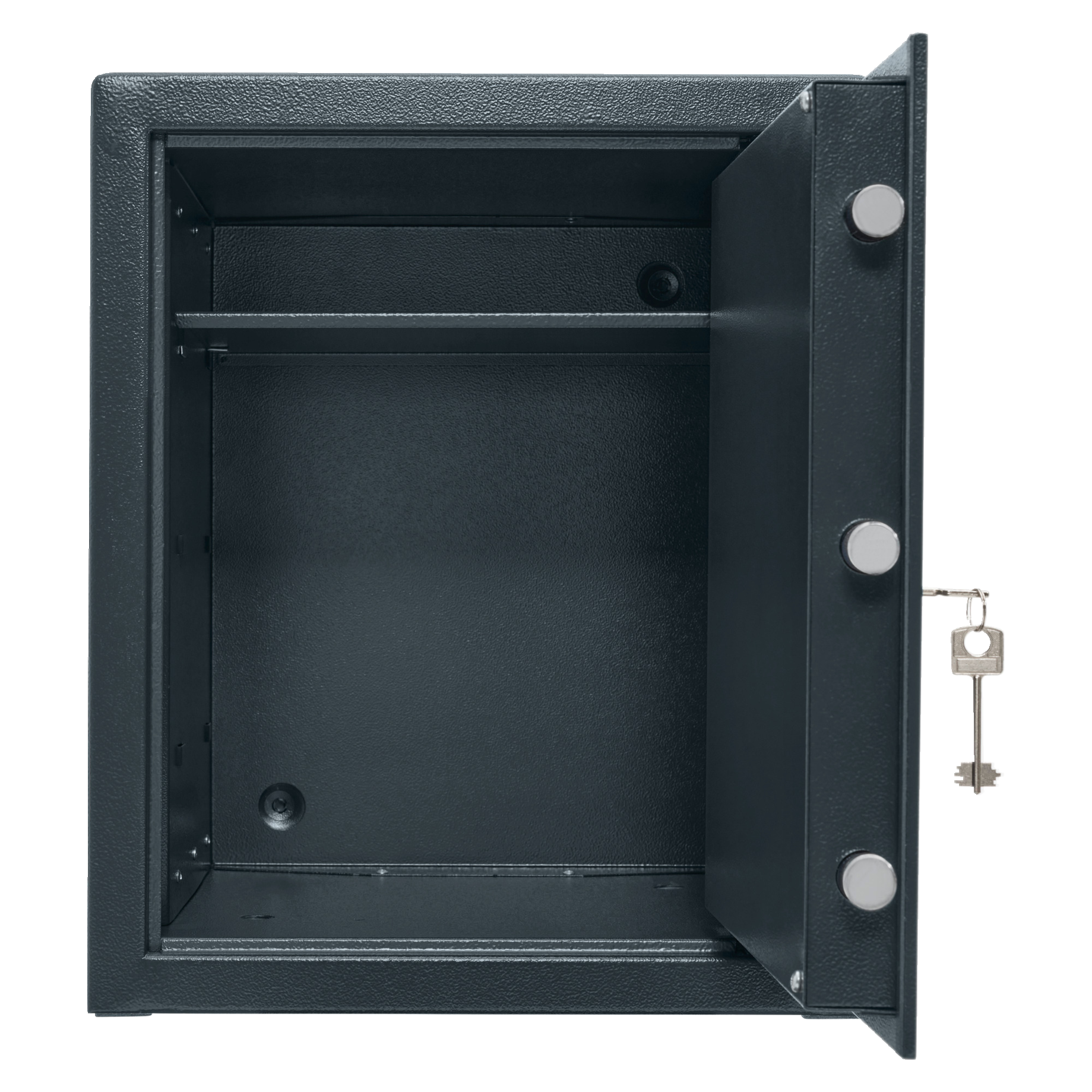 metallischer Safe, kleiner Safe, Wandsafe, Schloss mit Schlüssel, leer Innenraum