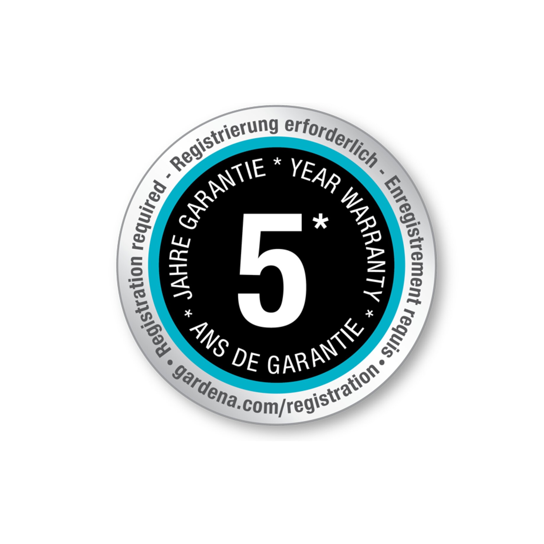 Symbol, Symbol, garantie, 5 jahre, runder badge, registrierung erforderlich, kauforte garantie