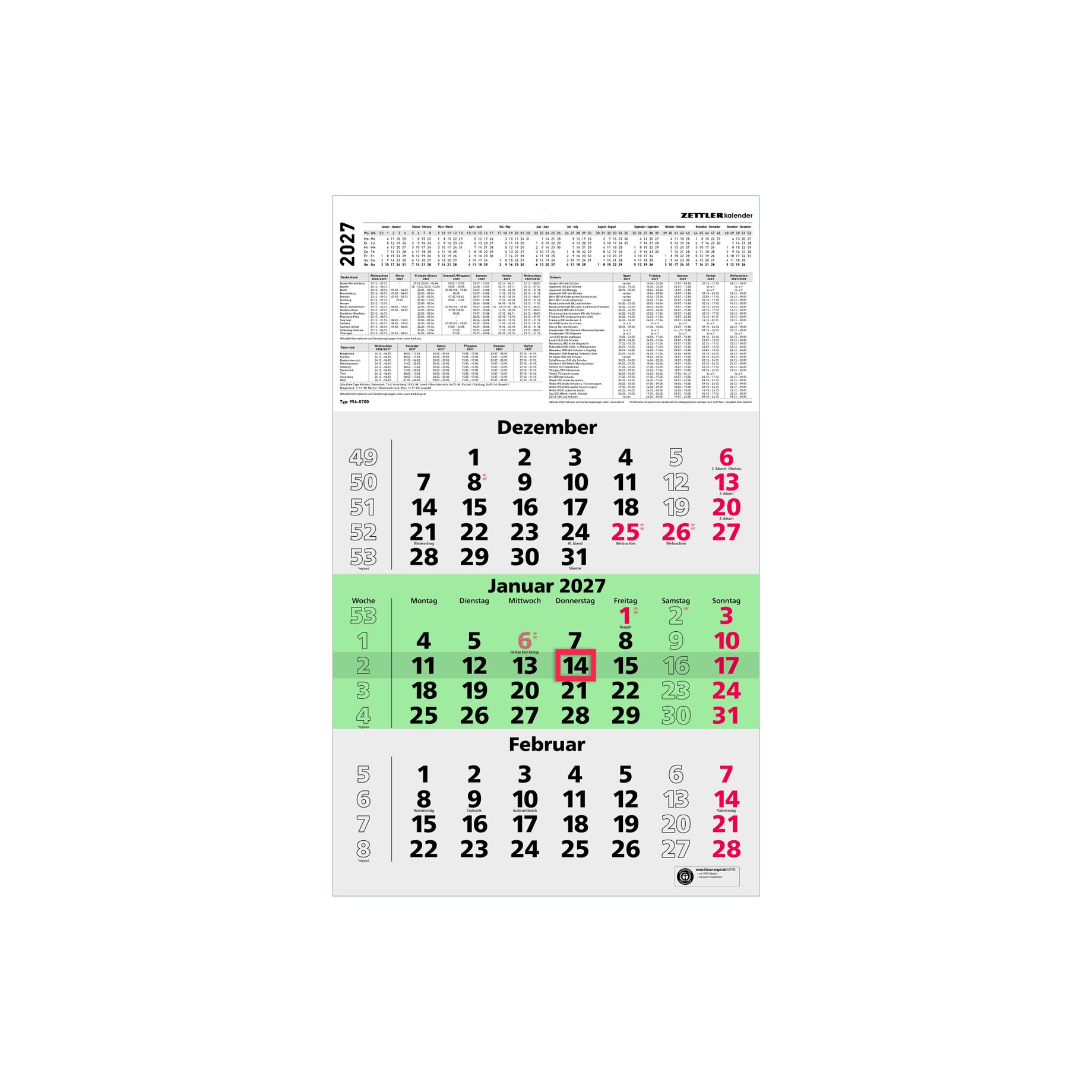 Kalender, Wandkalender, Monatsübersicht, Dezember, Januar 2027