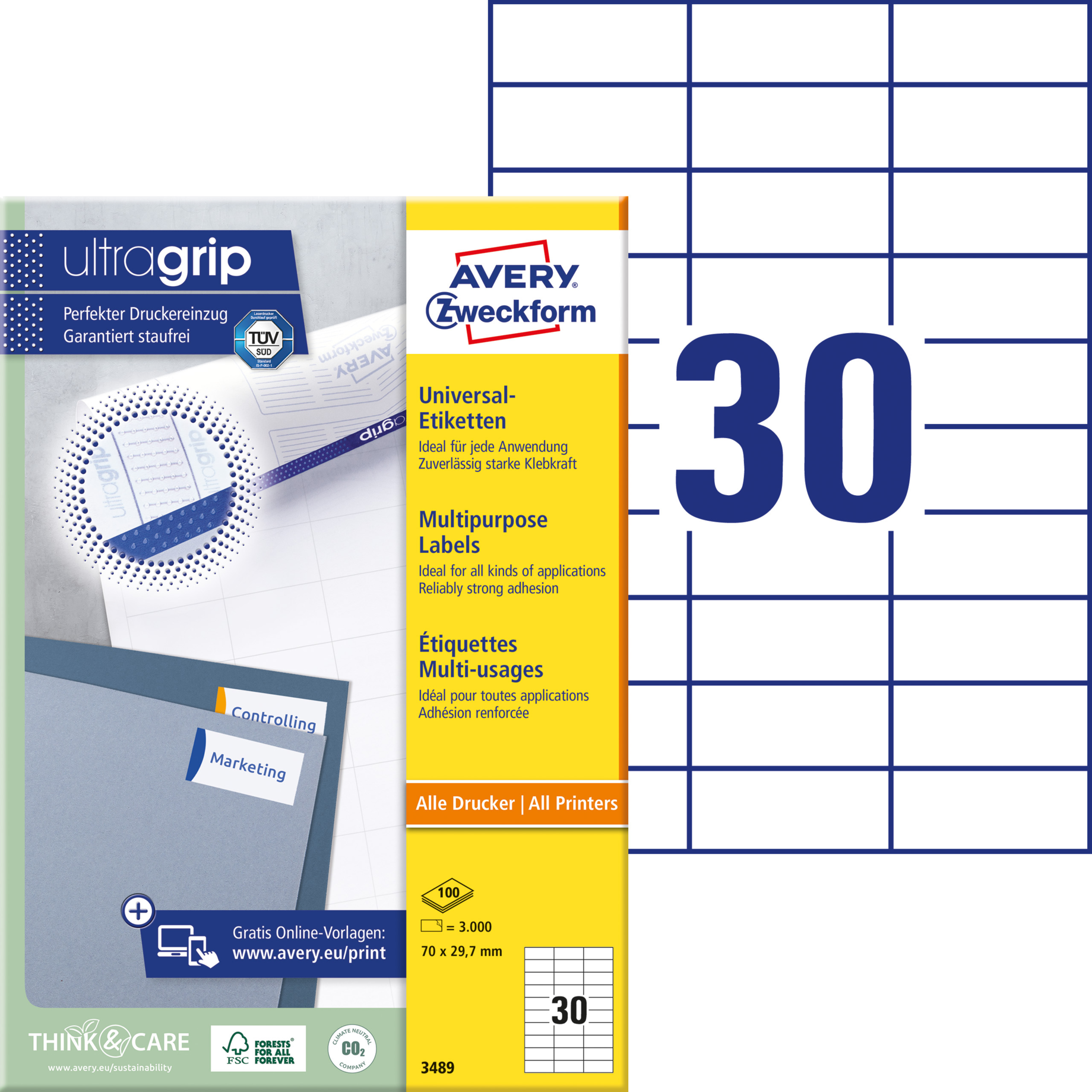 Universal-Etikett, ultragrip, 70 mm breit