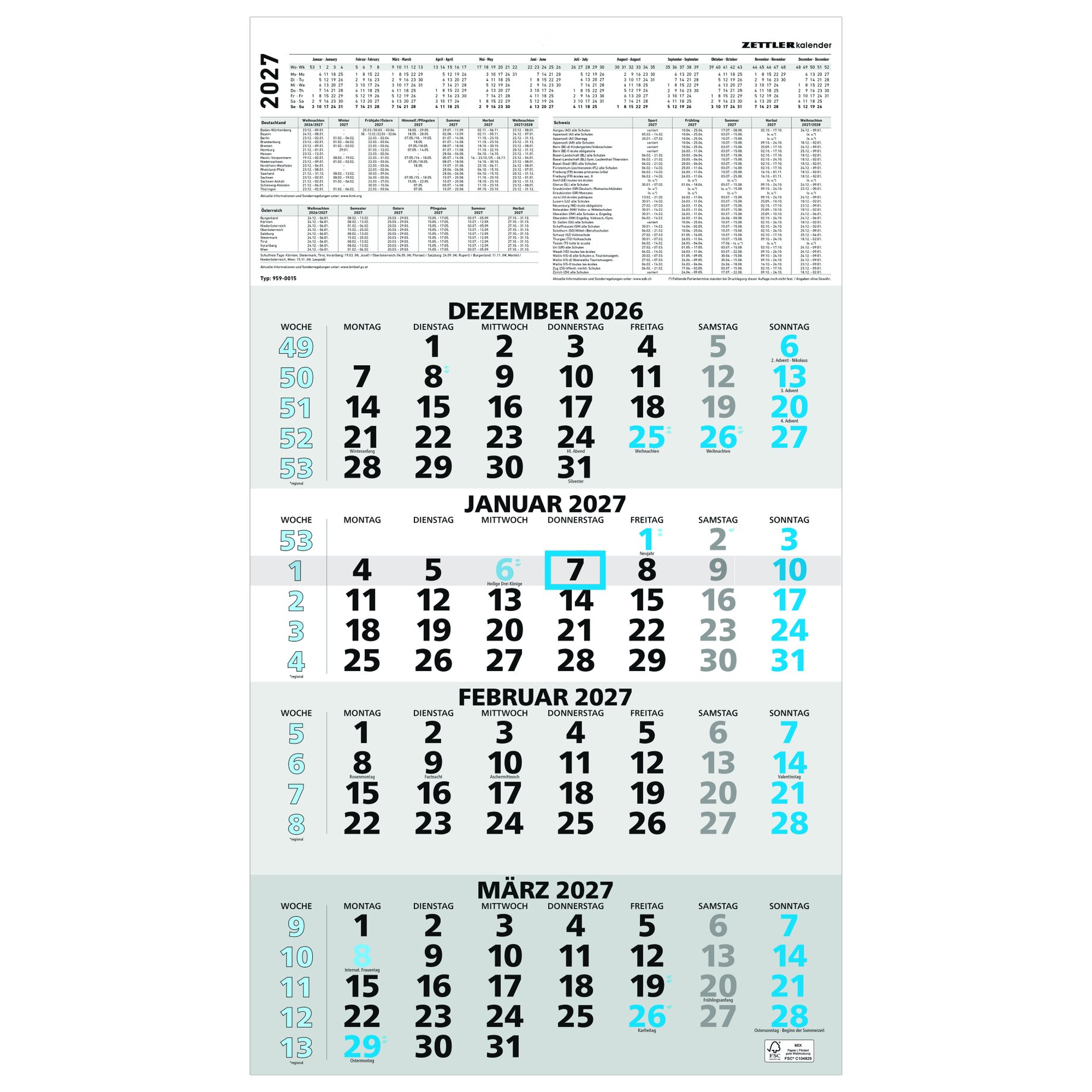 Kalender, Monatskalender, Wandkalender, Jahreskalender, 2027