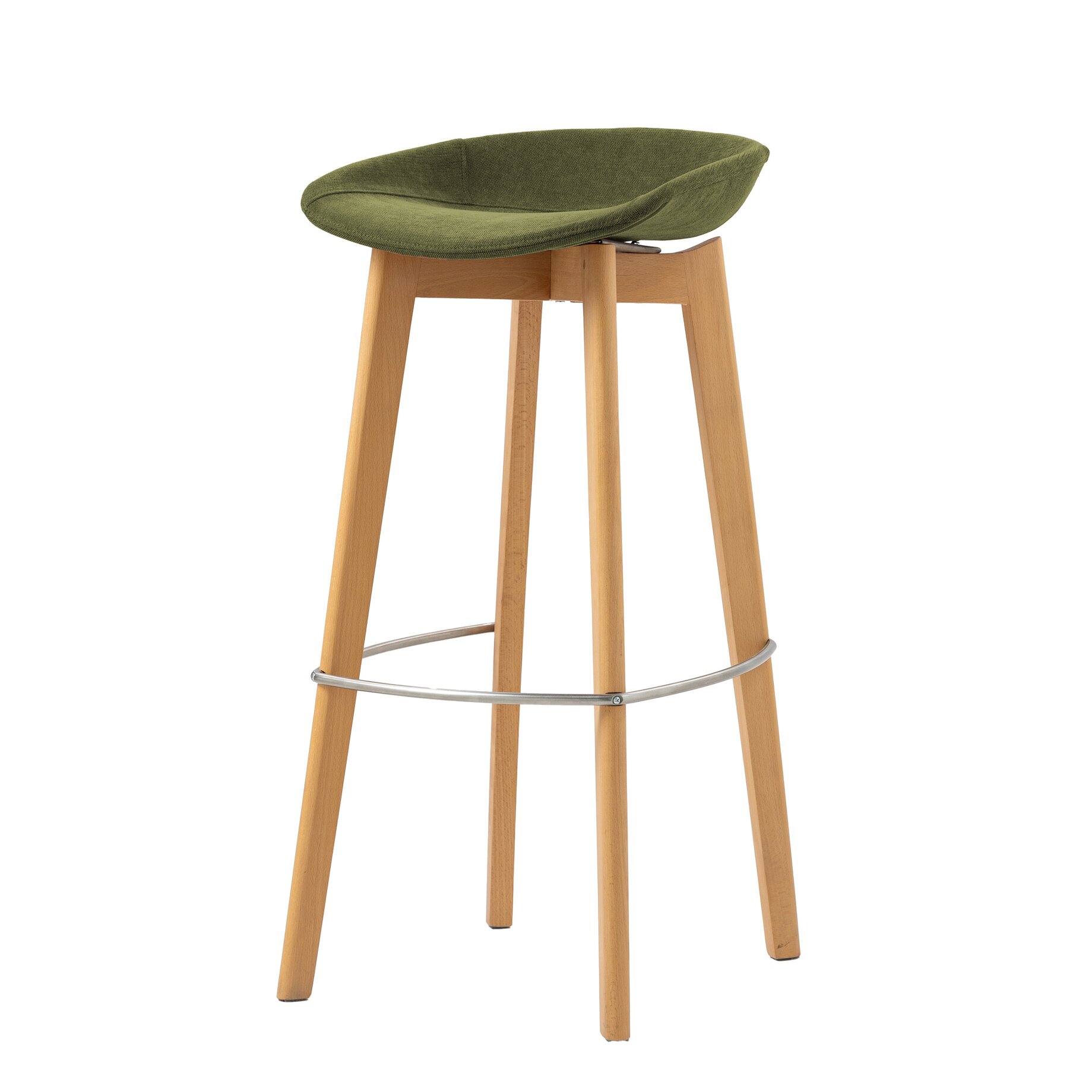 Barhocker, Holz, Kufenfuß, Grüne Polsterung, Metallring