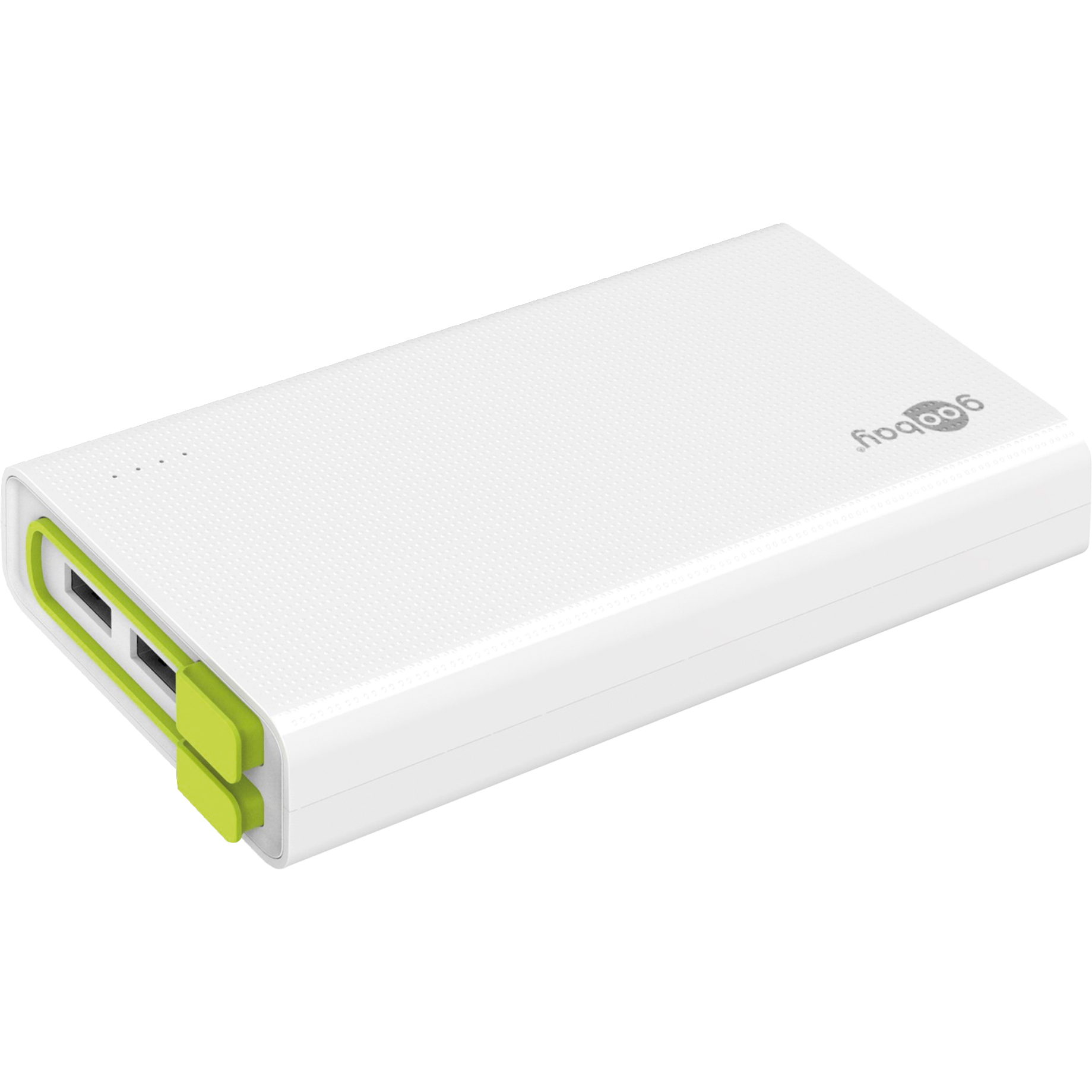 Powerbank, Externer Akku, USB-Anschlüsse, Weiß, Grüner Akzent, power bank, portable charger, external battery, USB-C, weißes gerät