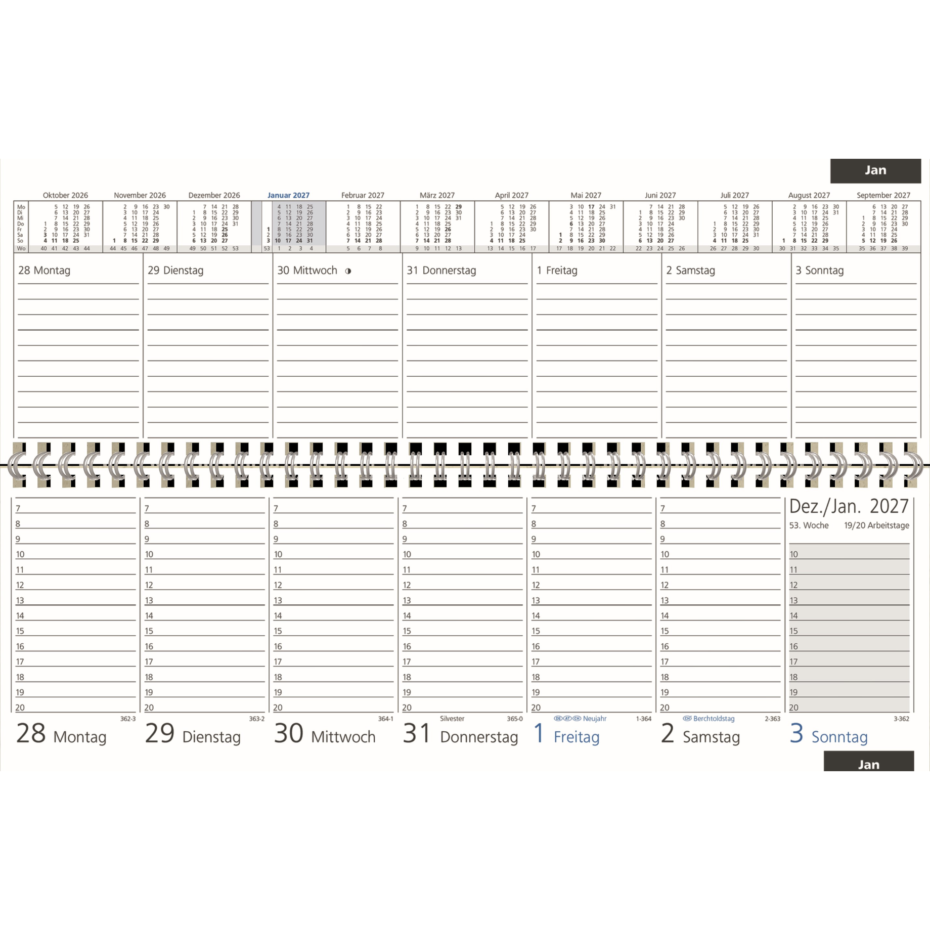 Tagesplaner, Kalender, Spiralbindung, Monatsübersicht, Datumslayout