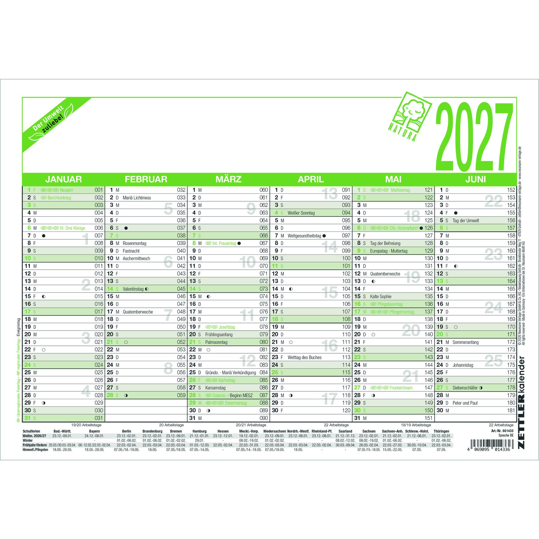 kalender, Wandkalender, Monatskalender, grünes Design, 2027 Kalender