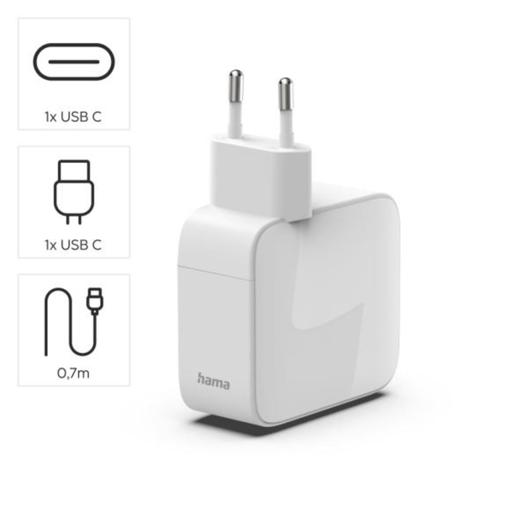 USB-C Ladegerät, Wandadapter, USB-C Adapter, Kompaktes Ladegerät, 0,7 m Kabel