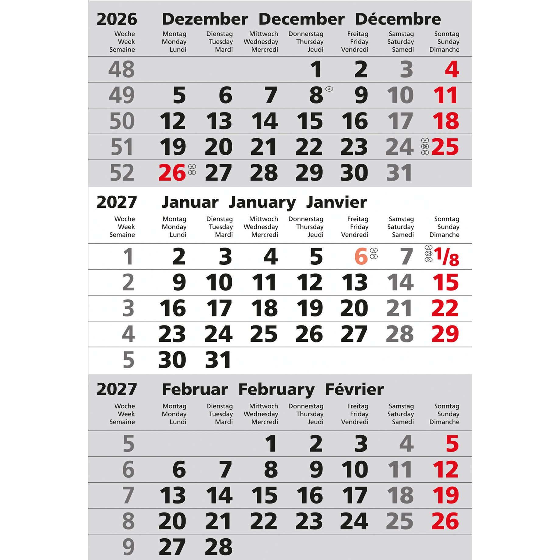 kalender, Wandkalender, Dezember 2026, Monatskalender, Datensicht